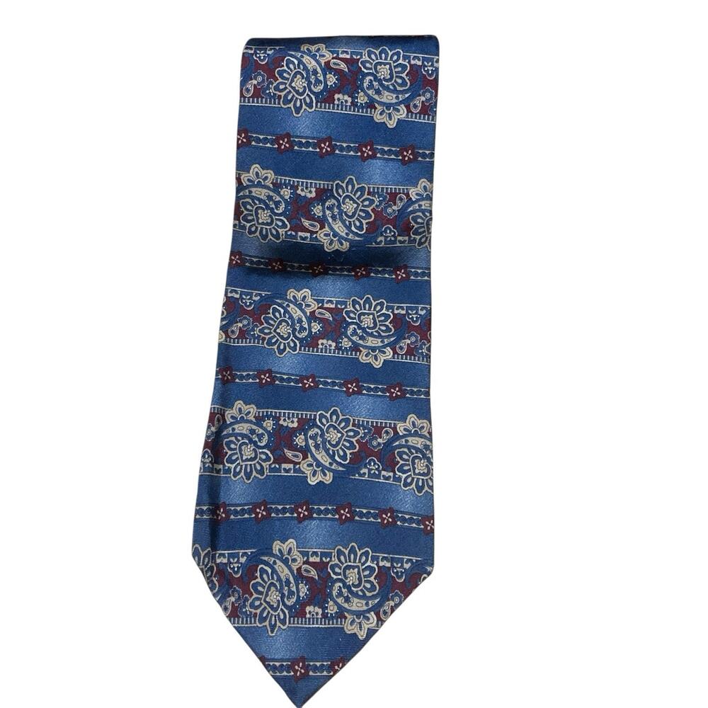 Vintage Oscar de‎ la Renta Mens Floral Tie Burgundy Blue Made in USA Business